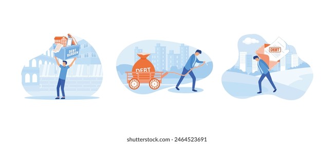 Businessman carrying heavy debt burden. Creative on financial obligation as heavy burden concept. Man in suit, businessman bears a debt on his back. Set flat vector modern illustration 