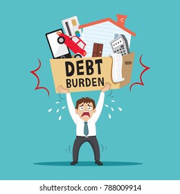 Businessman Carrying Heavy Debt Burden, Illustration Vector Cartoon