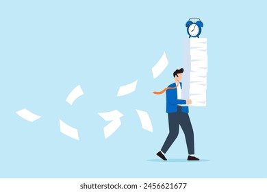 Businessman carrying heavy documents and paperwork, with alarm clock deadline atop pile. Concept of workload, overworked office routine, aggressive deadlines leading to exhaustion and burnout