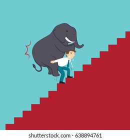 Businessman carrying heavy elephant with walking upstairs, vector illustration cartoon