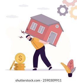 Businessman carrying heavy house and feel tired. business concept. Home loan burden. Exhausted debtor struggles carry house on back suffer from bank mortgage or lease burden. flat vector illustration