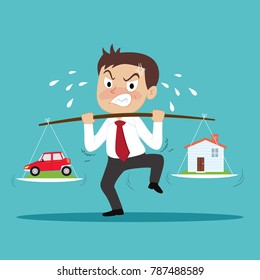 Businessman carrying house and car, illustration vector cartoon