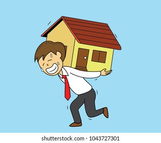Businessman carrying house and feel tired. Concept business vector illustration