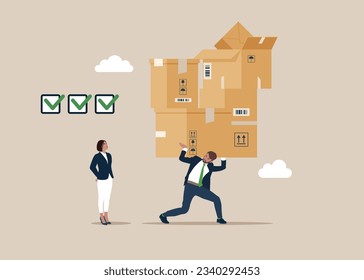 Empresario cargando enormes cajas. Equipo, bienes y servicios de la empresa de compra y adquisición, auditoría y control de precios. Ilustración del vector