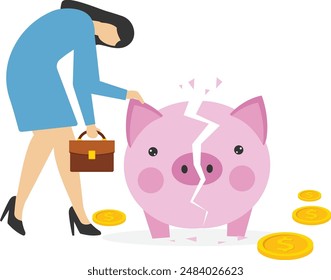 Businessman carrying huge broken piggy bank with money. Vector illustration

