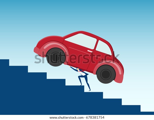 Businessman carrying huge car debt on his\
back. Debt concept. Cartoon Vector\
Illustration.