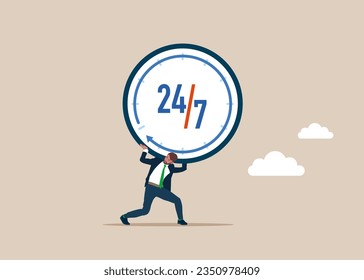 Businessman carrying huge with clock. Modern vector illustration in flat style
