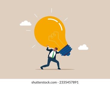 Businessman carrying huge containing light bulb ideas. Business development and strategy. Flat vector illustration.
