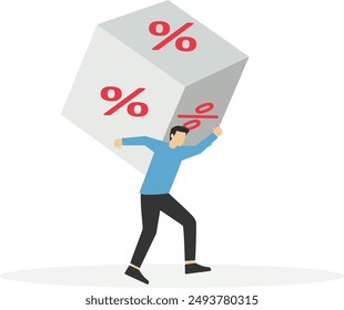 Businessman carrying huge with cube block with percentage symbol icon. Interest, financial and mortgage rates. Vector illustration

