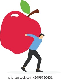 Businessman carrying huge fruit apple. Modern vector illustration in flat style

