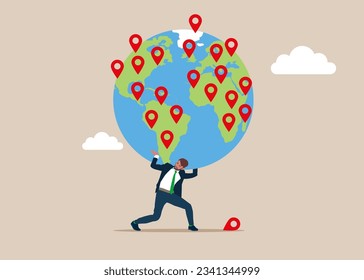 Businessman carrying huge with globe. Frustrated businessman. Global cooperation makes him crazy. Flat vector illustration