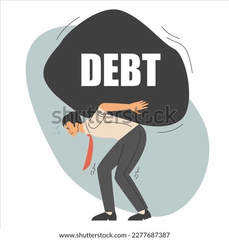 Businessman carrying huge and heavy stone as metaphor of debt vector isolated. Financial problem, burden. Concept of crisis and bankruptcy.