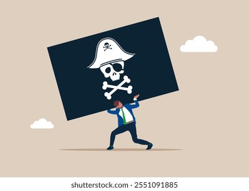 Hombre de negocios que lleva la bandera pirata enorme que sostiene con el cráneo y las ballestas. Juegos políticos y de negocios. Ilustración vectorial plana