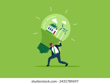 Businessman carrying huge home with and clean energy windmill on Light bulb. Flat vector illustration