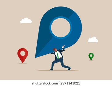 Businessman carrying huge with Location Pin. New office location. Global cooperation makes him crazy. Change place of Business location. Flat vector illustration