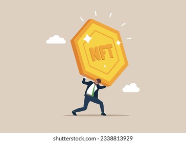 Businessman carrying huge with NFT cryptocurrency. Vector illustration