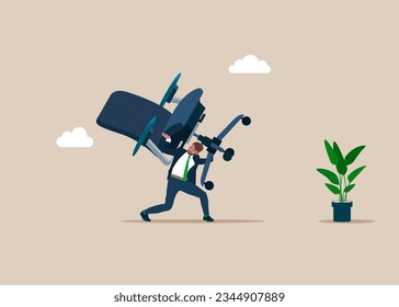 Businessman carrying huge with office chair. Frustrated businessman. Job search, hiring, employment, freelance, jobs. Flat vector illustration.