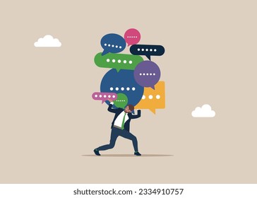 Businessman carrying huge with speech bubbles. Spam, discussion, conversation, meeting, team communication, colleague chatting, opinion. Vector illustration