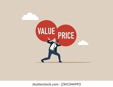 Businessman carrying huge with value and price text. Vector illustration