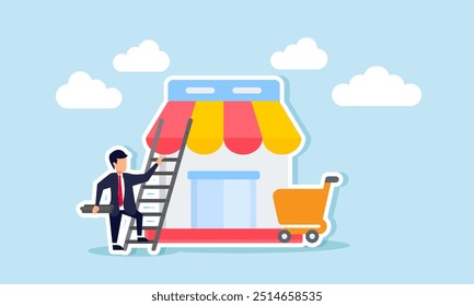 A businessman carrying a ladder rung to install on a ladder and climb a supermarket, illustration of Step by step in building a marketplace