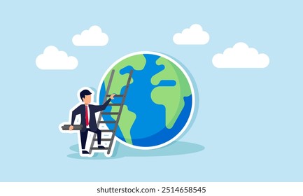 A businessman carrying a ladder rung to install on a ladder and climb a globe, illustration of Step by step in business to become the best in the world