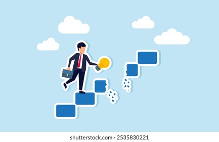 A businessman carrying a lamp climbs stairs and discovers a broken step ahead, illustration of being aware of dangers threatening ideas applied to business