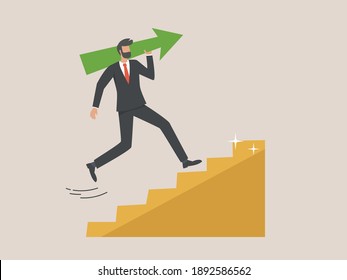 businessman carrying a large green arrow up the golden stairs. the concept of success