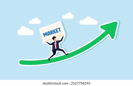 A businessman carrying a large paper that says "MARKET" walks up a rising graph, illustrating how brand awareness strategy towards the market boosts sales