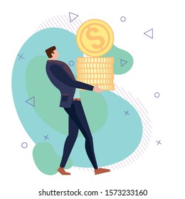 Businessman carrying a large stack of gold dollar coins in his arms in a concept of banking, wealth, success, fortune, investment, achievement, graft or lottery win, cartoon vector illustration