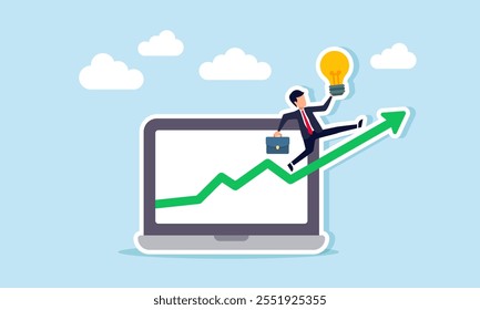 Empresário carregando uma lâmpada piscando em um gráfico verde em ascensão de um notebook, ilustração da análise empresarial na aplicação de ideias e inovações para aumentar o lucro