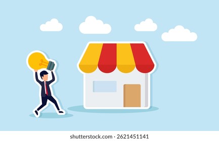 Businessman carrying a lit lamp toward a shop or house, illustration of presenting a business idea