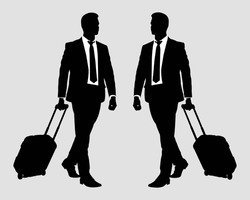 Businessman Is Carrying A Luggage Silhouette. Smart Businessman Character With Luggage Silhouette. Business Tour Concept Illustration Isolated On White Background.