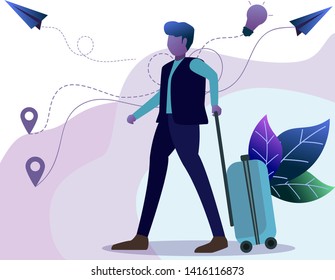 Businessman carrying a luggage with wheels during business travel. Illustration of business journey. business man travel and leave the office. travel concept vector illustration.