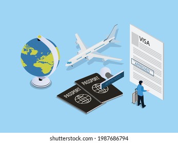 Empresario que lleva un equipaje mientras llena los permisos de forma y de pie con avión, pasaporte y, globo. Concepto vectorial isométrico