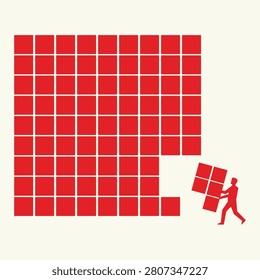 Businessman carrying the missing piece to complete a puzzle grid, concept of solution and success