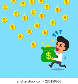 Businessman carrying money bag to catch falling coins