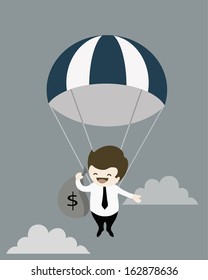 Businessman Carrying money bag and Parachute
