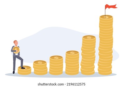 Businessman Carrying Money Coin Start Step On Compound Money Stack. Savings To Achieve Financial Goal Concept. Vector Illustration.