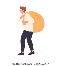 Businessman carrying money sack. Financial investment profit cartoon vector illustration