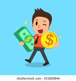 Businessman carrying money stack and coin