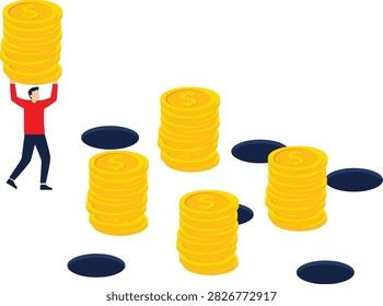 Businessman carrying money stack walking through financial pitfall holes