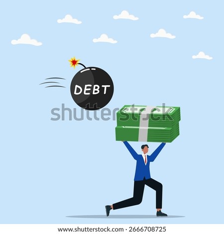 Businessman carrying money stack while chased by debt bomb. Concept of financial risk, crisis, and money management challenge