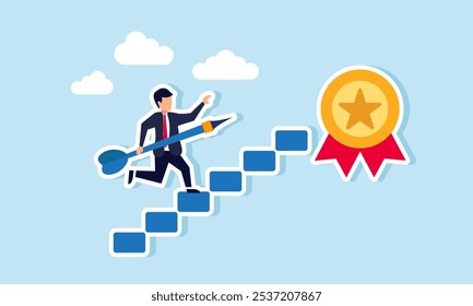 A businessman carrying a needle arrow climbing stairs to target an award medal, illustration of effort to focus on achieving the best business title in his field