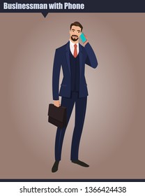 Businessman carrying office bag and talking over mobile phone. Young Businessman in Business Suit with Tie. Full length cartoon style character vector illustration.