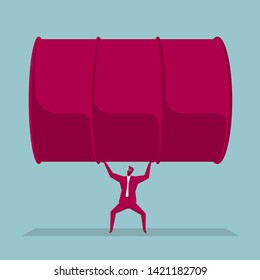 Businessman carrying oil drums. Isolated on blue background.