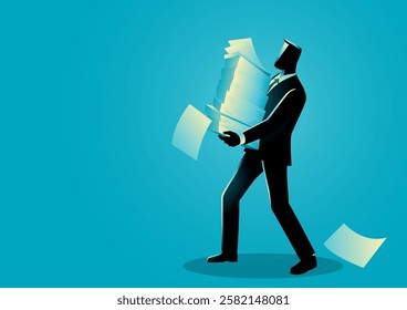 Businessman carrying an overwhelming stack of papers, symbolizing heavy workload, office stress, and corporate pressure. Themes related to deadlines, bureaucracy, and workplace exhaustion