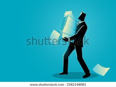 Businessman carrying an overwhelming stack of papers, symbolizing heavy workload, office stress, and corporate pressure. Themes related to deadlines, bureaucracy, and workplace exhaustion