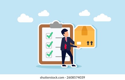 Businessman carrying a package box standing in front of a checklist board, illustration of a list of delivered packages