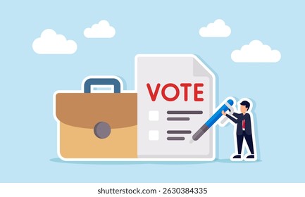 Businessman carrying pen next to voting paper and briefcase illustration of vote to determine priority scale for business project completion