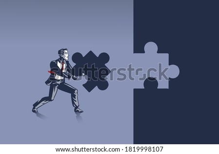 Businessman carrying Piece of Jigsaw Puzzle Trying to Place it Where it belongs. Concept Illustration of Problem Solving Person in Business Human resource